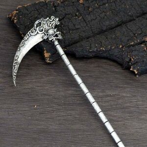 Goth Hair Pin, Vintage Inspired Scythe Silver Tone, Engraved Details & S…